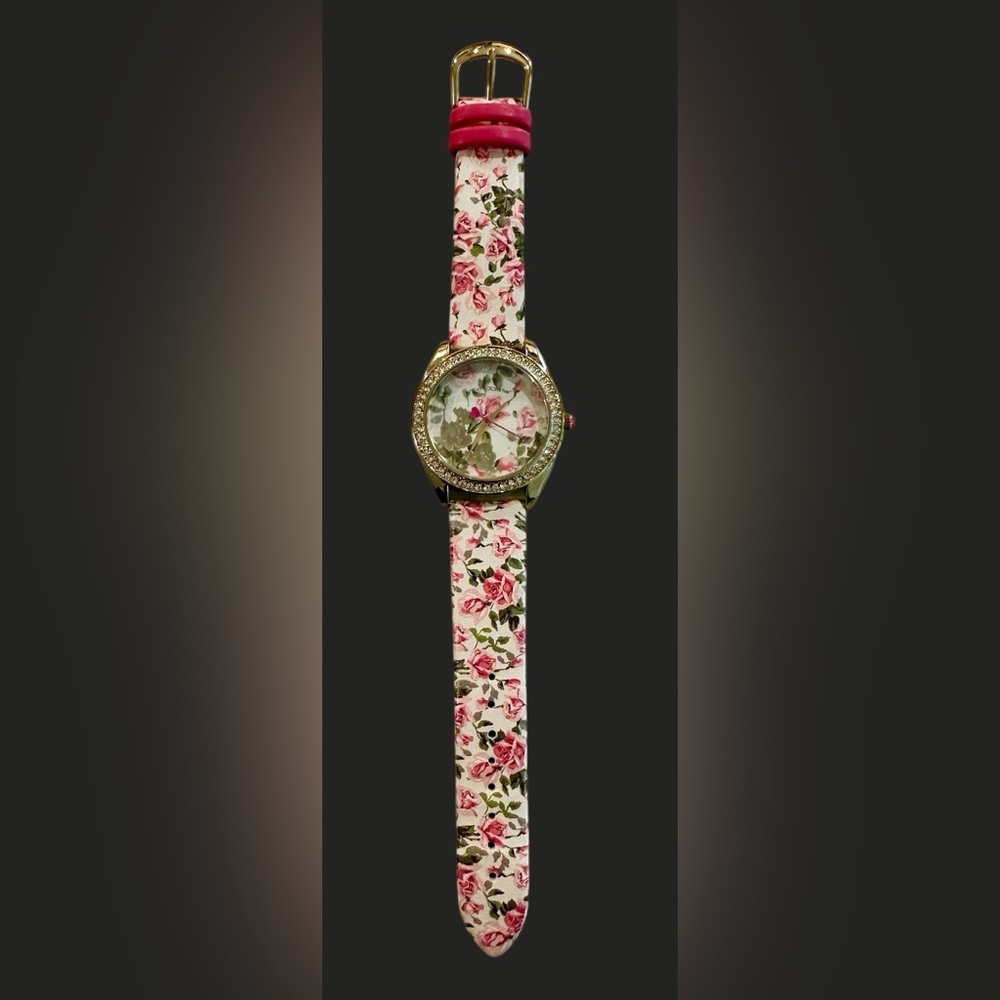 Betsey Johnson Floral Pink Women's Watch with Crystal Accents and Pink bezel